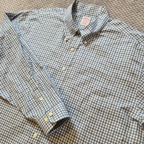 Brooks Brothers Non-Iron Button Down Shirt XXL Blue White Checkered Plaid Preppy - Picture 1 of 9